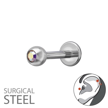 Tragus s 3 mm guličkou a krištáľom oceľ šperky | All4silver
