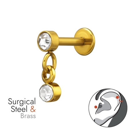 Tragus pozlátený s 3 mm krištáľom a závesnou časťou Piercing do nosa šperky | All4silver