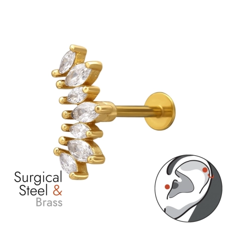 Piercing do horného ucha s vejárovitým tragusom v tvare markízy s priemerom 1,2 x 8 mm (16 g) a špirálou, zlatej farby - Chirurg