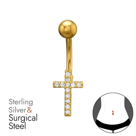 Pozlátený piercing do pupku v tvare kríža so zirkónmi Náboženstvo šperky | All4silver