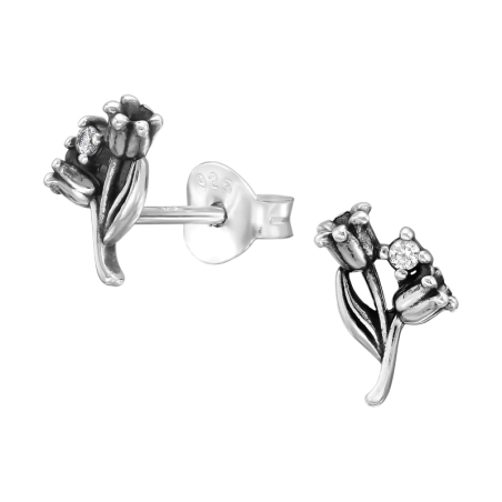 Dva oxidované tulipány so zirkónom Puzetové náušnice so zirkónom šperky | All4silver