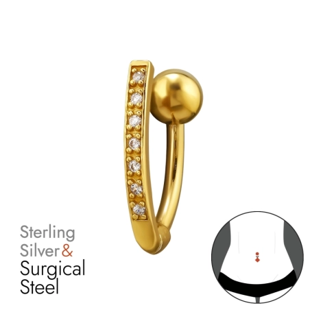 Zahnutý pozlátený piercing do pupku so zirkónmi 24k Pozlátené strieborné šperky šperky | All4silver