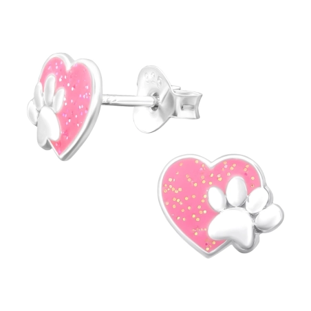 Ružové srdce s glitrami a s labkou Farebné puzetové náušnice šperky | All4silver