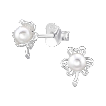 Trojlístok s perlou - Šperkové Striebro 925 Puzetové Náušnice S Perlou
